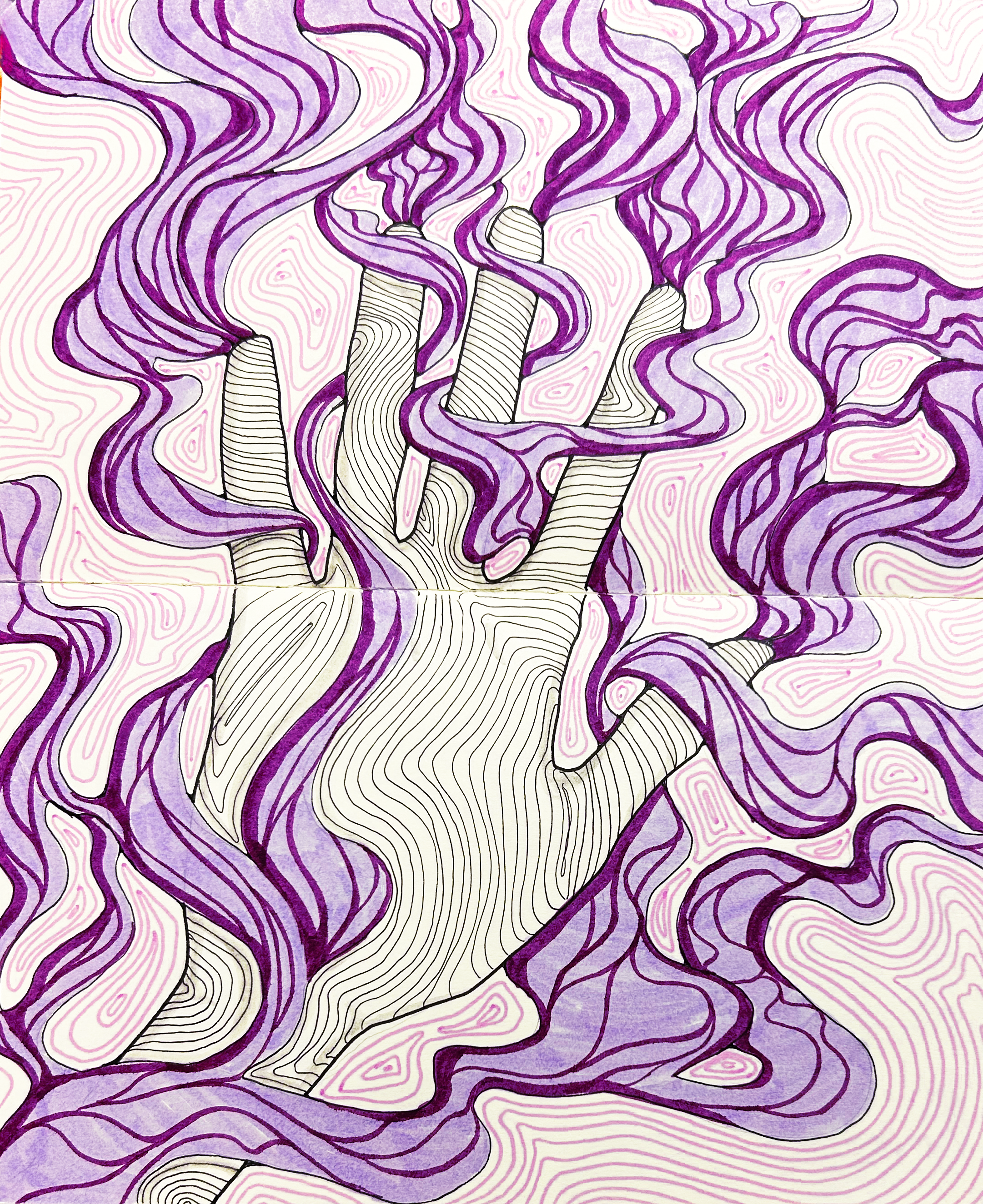 a hand outline filled with and surrounded by wavy lines in black and various shades of purple